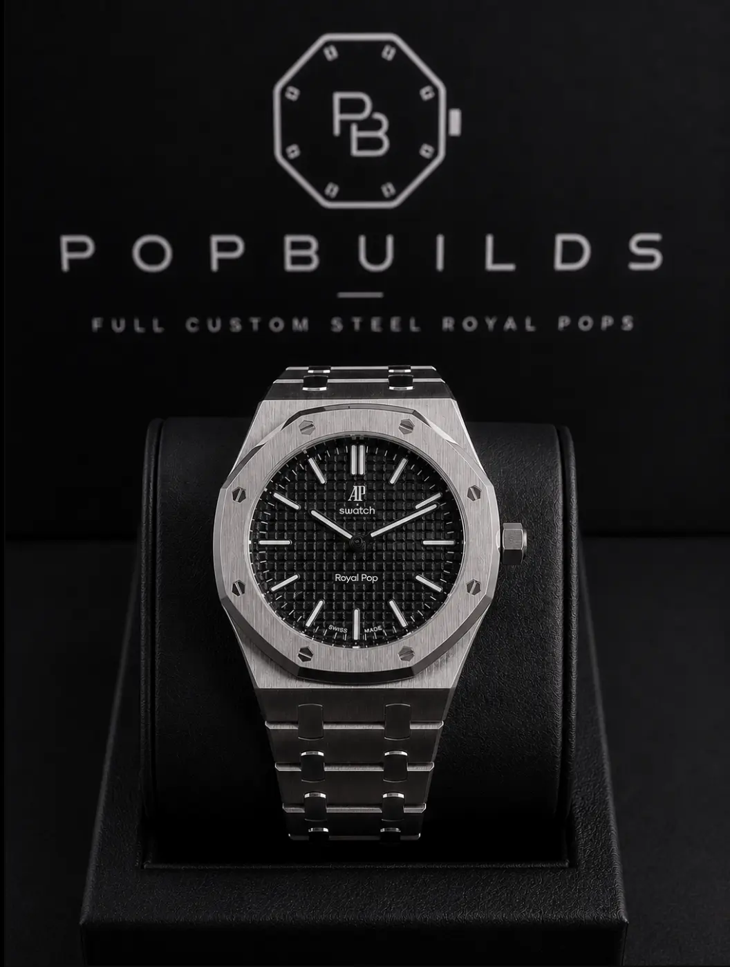 Ocho Negro full mod watch with a black textured aftermarket dial in a stainless-steel octagonal case